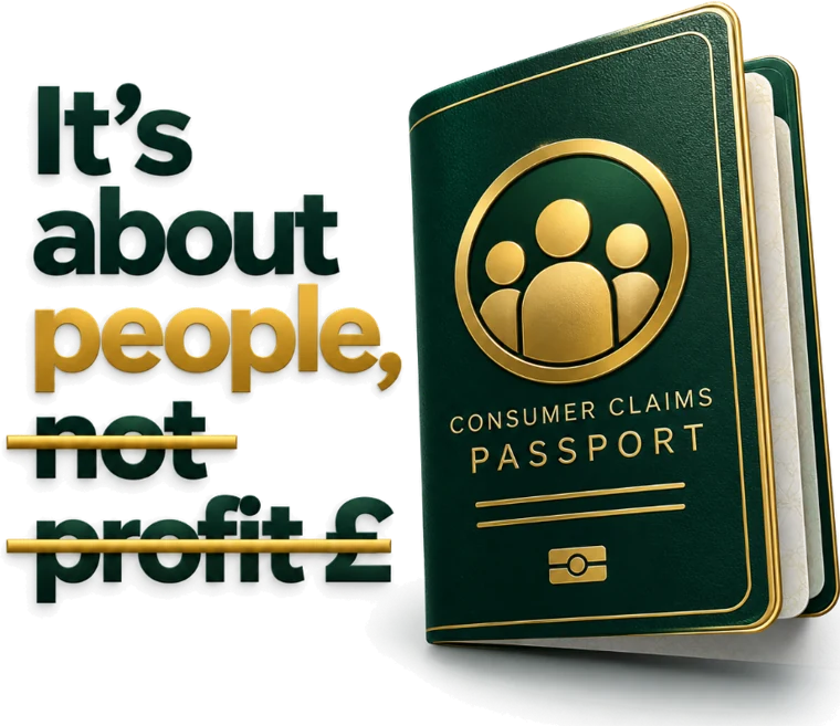 It's about people, not profit. A green and gold Consumer Claims Passport